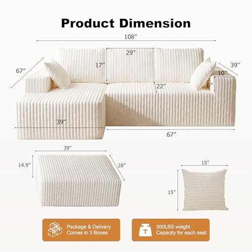 Image of Modular Sectional Sofa Couches L-Shape Couch 3 Seat Modular Sofa Memory Foam Sectional Couches for Living Room (White, 108 inch+Left Chaise + Ottoman)
