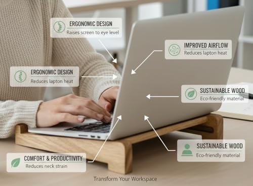 Image of Foldable Laptop Stand, Handcrafted Wooden Laptop Stand for Desk with Length Adjustment and Laptop Riser that Works with I Pad MacBook Pro and Other HP and Dell Devices 15.6 inches Natural