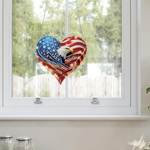 Image of 4th of July Diamond Art Hanging Kits for Adults, American Eagle Pendant | DIY Diamond Painting Suncatchers Kits, Acrylic Home Garden Decor with Chain, Independence Day Craft