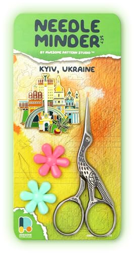 Image of Awesome Pattern Studio Needle Minder Set - Kyiv Magnetic Needle Minder + 2 Needle Threaders + Crane Scissors. Enamel Pin for Cross Stitch, Embroidery and Craft