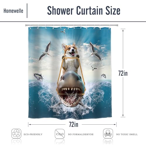 Image of Funny Dog Corgi Ocean Shower Curtain Riding Shark 72Wx72H Inch Decor