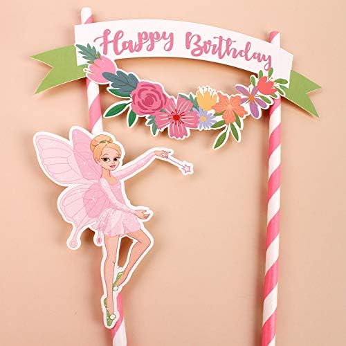 Blumomon 1Pc Pink Flower Fairy Cake Topper Happy Birthday Banner Flower Fairy Cake Bunting Topper Baby Shower Cake Decoration Girl Birthday Party Forest Theme Party Supplies