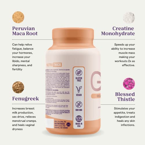 Nutrithick Weight Gainer Capsules - With Maca Root, Fenugreek And Creatine For Women - Vegan Appetite Stimulant + Muscle Mass + Hormonal Balance, Vitamin B1, B5, B6 (120 Capsules) #TOP3