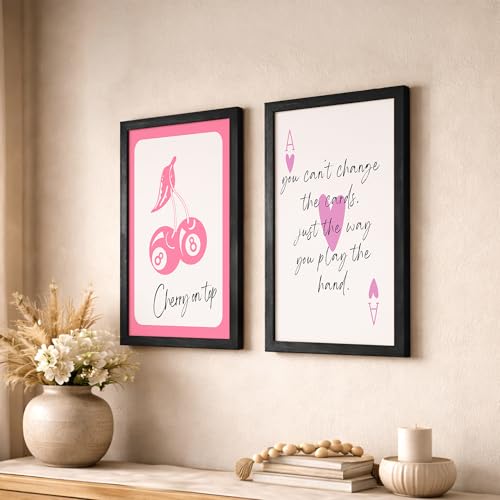 Image of NoWorries Pink Playing Cards Wall Painting Set | Cherry on Top and Ace Quote Art Prints | Aesthetic Card Theme Wall Decor | Premium 300 GSM Paper Print with Synthetic Wooden Frame | Modern Decor for Bedroom & Living Room (Set of 2) (BLACK, ART-4, 13X19INCHES)