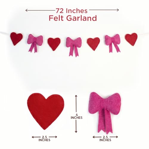 Image of Folkulture Valentine Felt Garland Banner for Home Decor | 72 inches Heart & Bow Hanging Garland for Valentine's Day Decorations, Bedroom Decor, Wall Decor, Party Decorations & Anniversary Room Decor