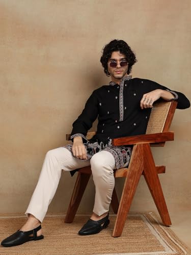 Image of Amazon Brand - Tavasya Men Printed Kurta with Ethnic Motif Border | Special Haldi Kurta | Festive Embellished Long Kurta | Embroidery Kurta | Ethnic Wear | Mandarin Collar | Knee Length
