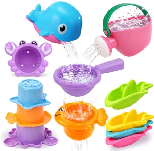 Baby Mold Free Bath Toys for Kids Ages 1-3, 10 PCS Toddler Bathtub Pool Sand Beach Toys with Whale Spoon Watering Can Stacking Cups Floating Boats for Baby Toddler Water Table Games, Girls Boys Gifts