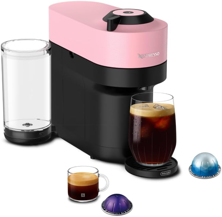 Cafetera y espresso Vertuo Pop+ de De'Longhi, rosa | Cafetera Candy rosa con diseño compacto, 25 fl. onz. Tanque lateral, calentamiento de 30 segundos y preparación con un solo toque.