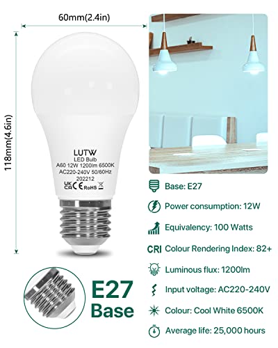LUTW LED Light Bulbs, E27 Edison Screw Bulbs 100W Equivalent, Cool White 6500K ES Screw in Light Bulb - Image 2
