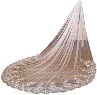 U-Hotmi Long Wedding Veil Lace Sequins Edge Cathedral Wedding Bridal Veil with Metal Comb, Ivory