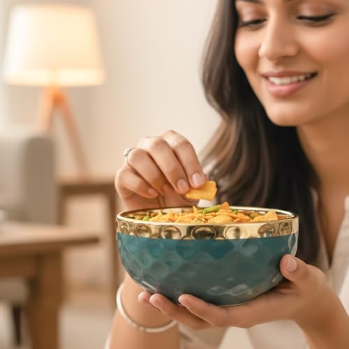 Image of The Earth Store Teal Diamond Gold Ceramic Bowl Set of 2 - 500ML Each | Ceramic Mixing Bowls for Snacks, More | Rice, Dal, Fruits, Salad | Perfect for Gifting & Daily Use