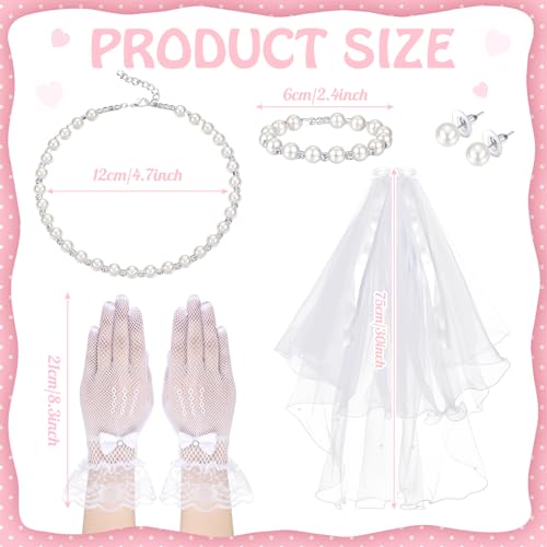 Image of Bencailor 5pcs First Communion Costume Accessories Set Lace Gloves with Hair Comb Pearl Necklace Bracelet Earrings(Bleached Pearl,Lovely)