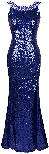Angel-fashions Damen Rundhalsausschnitt mit Perlen verziert blinging Pailletten Split Abendkleid