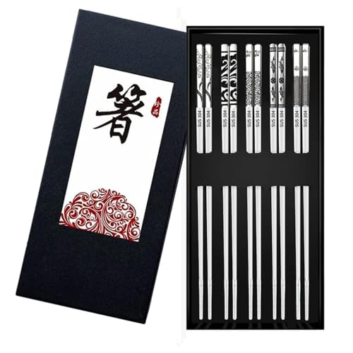 5 paia di bacchette riutilizzabili, in acciaio inox, color argento, lavabili in lavastoviglie, in metallo, delicate bacchette giapponesi cinesi coreane con motivo per cucina e sala da pranzo