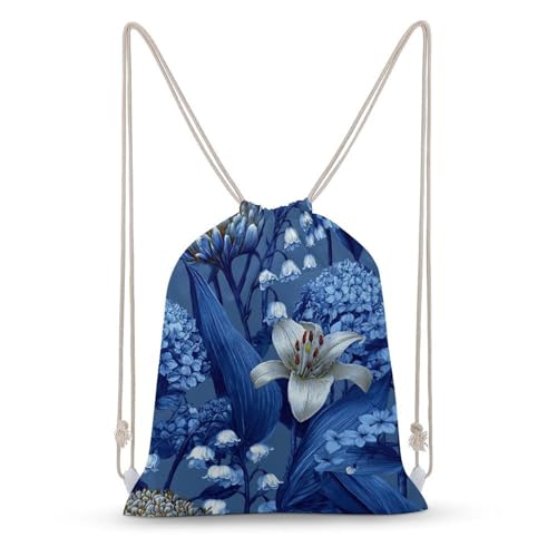 Blue White Lily of The Valley Hydrangea Drawstring Backpack Canvas String Bag Lightweight Sports Gym Bag for Men Women