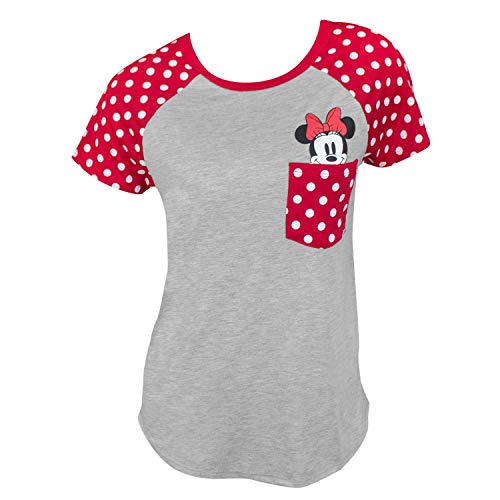 Disney Junior Fashion Contrast Shoulder Top Minnie Pocket, Gray with Red (Large, Grey)