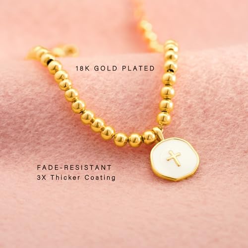 Beaded Bracelets for Women with Enamel Cross – Christian Gifts, Baptism Gifts for Women, Religious Gifts, 3mm gold beads, 18K Gold Plated, Triple-Layered Finish, Length 6-8''3