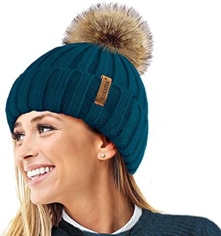 TOSKATOK®Womens Warm Winter Hat Woolly Knitted Beanie with Detachable Chunky Faux Fur Bobble Pom Pom