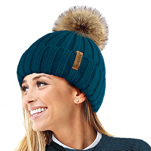 TOSKATOK®Womens Warm Winter Hat Woolly Knitted Beanie with Detachable Chunky Faux Fur Bobble Pom Pom-Teal