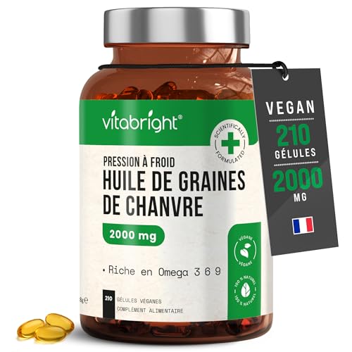 Huile de Chanvre en Gélules | 210 gélules - 2-3 Mois | 100% Pur Grains de Chanvre Pressé à Froid | Riche en Oméga 3, 6 et 9 | VitaBright Hemp Seed Oil