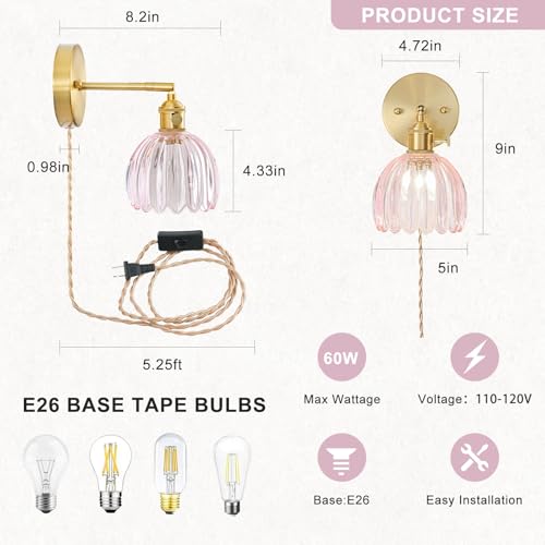 Image of Plug in Wall Sconces Set of 2, Vintage Wall Sconce Light with Tulip Pink Glass Lampshade, Bedroom Wall Sconce with Switch and Plug in wall lamp Cord, Gold Wall Light Wall Decor Set of 2
