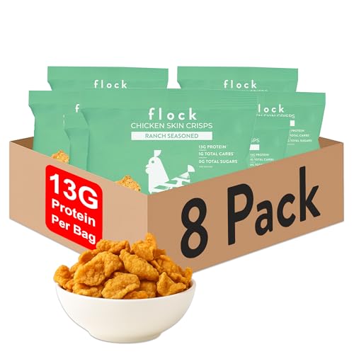 Flock Keto Chicken Skin Chips | Low Carb High Protein Sugar Free Gluten Free Single Serve Snack Ranch Flavor 8-Pack (1oz)