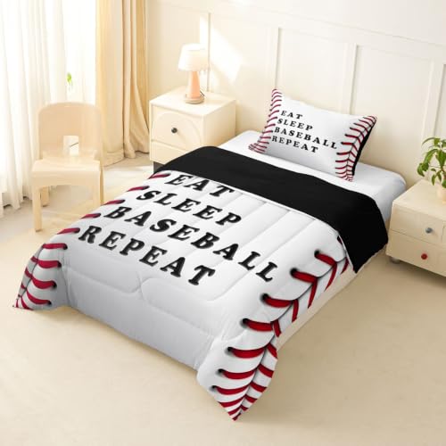 Image of Feelyou Baseball Comforter Set Twin Size Ball Pattern Bedding Set for Kids Boys Girls Eat Sleep Sports Theme Duvet Quilt Bedroom Decor Microfiber 2 Pcs with 1 Pillow Case
