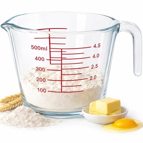 Jarra Medidora de Vidro 500ml com Alça e Bico – Marcações em ml e Xícaras, Vidro Resistente a Calor – Ideal para Culinária, Receitas e Confeitaria KOALAECOM®