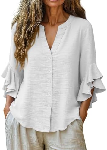3/4 Ruffle Sleeve Cotton Linen Shirts for Women Dressy V Neck Beach Tunic Tops Elegant Summer Casual Work Blouses White — view 4