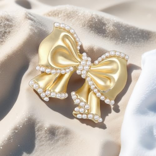 Image of Cute Pearl Bow Knot Lapel Brooch Pin for Women Girls 14K Gold Plated Ribbon Bowknot Brooches Pins Elegant for Sweater Hat Dresses Suit Badges Clothes Accessories Jewelry