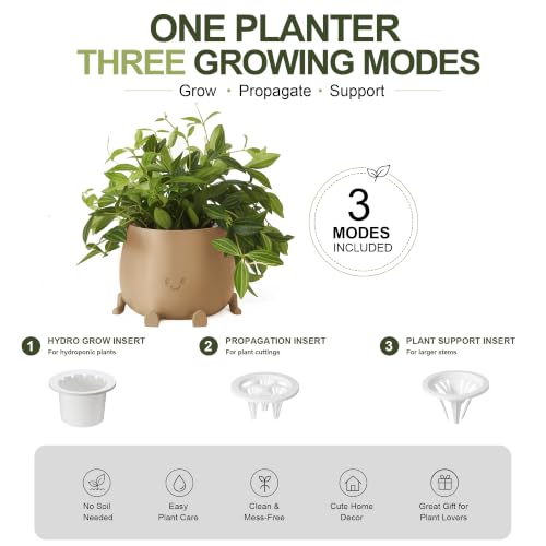 Image of TOPOLA 5.2 Inch Hydroponic Happy Face Planter with 3 Interchangeable Grow Baskets, Water Culture Pot for Pothos, Lucky Bamboo & Plant Propagation, Decorative Desktop Planter for Home & Office, Khaki