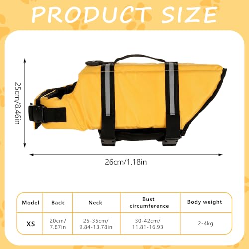 Satiskid Hunde Schwimmweste, Rettungsweste mit Auftrieb & Sicherheit für Kleine Hunde, XS, Mit Rettungsgriff & Reflektierenden Elementen für Wassersport und Strand (Gelb)