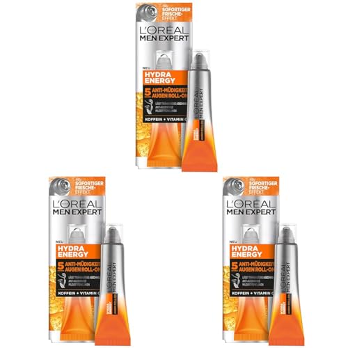 L'Oréal Men Expert Augen Roll-On gegen müde Haut für Männer, Belebende Augenpflege gegen Falten und Augenringe, Herren Feuchtigkeitspflege mit Vitamin C und Koffein, Hydra Energy, 1 x 10 ml