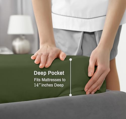 Image of RUVANTI 100% Cotton Percale Sheets California King Size, Chive | Crisp Cooling, Deep Pocket 14 inch, Soft Breathable & Durable, Hotel-Style, 4 Piece Set