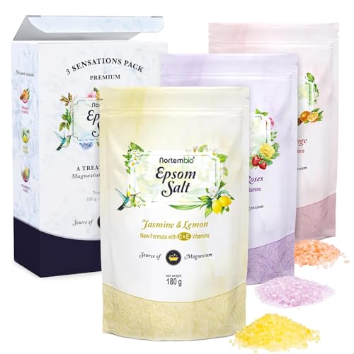 Nortembio Sales de Epsom Pack Regalo Fragancias Canela, Jazmín, Rosas 3 x 180g | Magnesio Natural con Vitaminas C y E | Baños Relajantes, Spa, Hidratación + E-Book Gratis