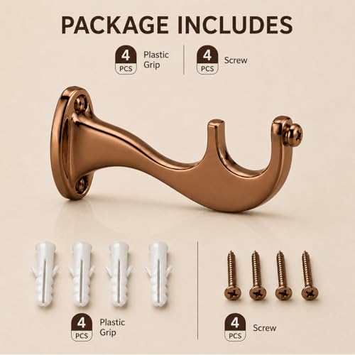 Image of Elite Aluminum Curtain Rod Brackets - Heavy-Duty Wall Mount Clamps for Curtain Rod Support for Door and Window Curtain Rods with Screw and Wall Plug - Pack of 2PCS (Royal Rose Gold)