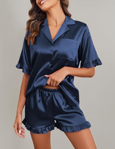 Image of Ekouaer Satin Pajama Set for Women 2 Piece Pj Sets Short Sleeve Sleepwear | Super Soft Silky Summer Loungewear Set with Ruffle Short Sleeve Top and Pocket Shorts, Casual Travel Daily Gift
