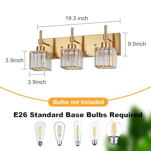 Image of Gold Vanity Light 3-Lights Crystal Bathroom Lighting Fixtures Over Mirror Modern Bathroom Light Fixtures with Crystal Square Shade