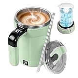 Tiiyee Automatischer Rührbecher, 380ML Selbstmischer mit Temperaturanzeige, IPX6 Wasserschutz mit Abnehmbare Basis Edelstahlhalm 30S Automatik für Kaffee Protein Shakes Geburtstag Bar Getränke Grün
