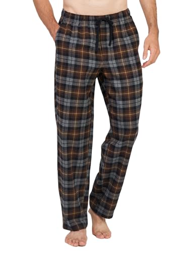 LAPASA Pantalon Pijama Hombre Algodon Franela Pajama Pant Dormir Largo Cuadro Bragueta con Boton estar en Casa Suave Comodo Invierno M39 M Marrón + Gris Jaspeado
