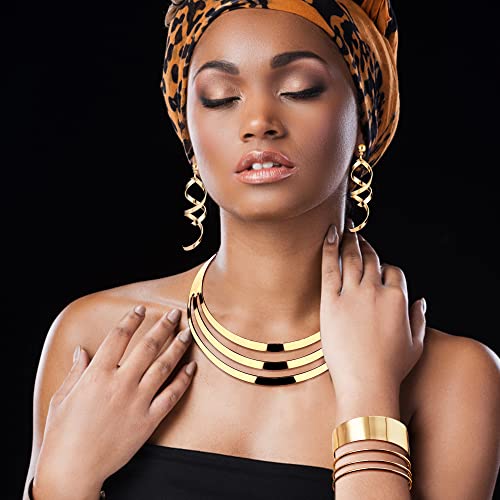 JOERICA Bib Choker Necklace Set for Women Wide Cuff Bangle Bracelets Long Statement Dangle Earrings African Costume Jewelry Set3