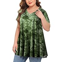 MONNURO Túnica Básica Feminina Plus Size, Manga Curta, Decote Em V, Botões, Verão, Camisetas (Tie Dye, Verde Oliva, 3X)
