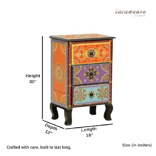 Image of Wooden Bedside Table for Bedroom | 3 Drawer Side Table | Handpainted Rajasthani Chest of Drawers | Solid Wood Small Bedside Table with Drawer Storage for Living Room (Multicolour-BS4)