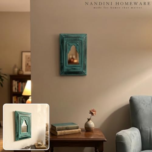 Image of Handcrafted Traditional MDF Wooden Mirror Jharokha Wall Art | Heritage Boho Style Decorative Wall Hanging (Teal Mirror)