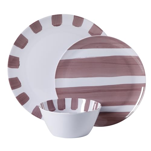Gibson Home Cottage Stripes 12-Piece Melamine Plates and Bowls Dinnerware Set - Outdoor, Camping, & Everyday Use - Assorted Colors