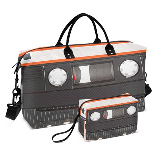 Old Cassette Tape Music Large Travel Duffle Bag Weekender Overnight Bags Gym Yoga Bag for Women Men with Toiletry Bag