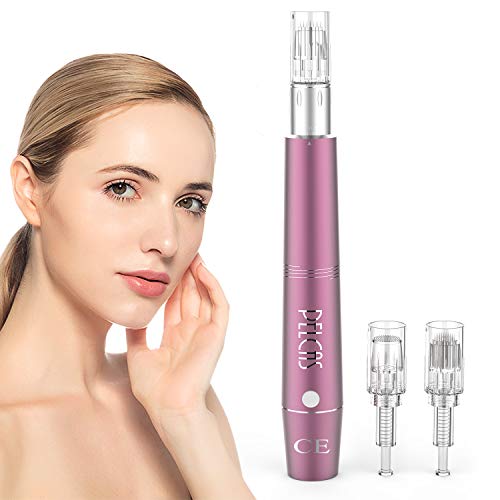 PELCAS Derma Micronadeln Pen, Wiederaufladbare Auto Micro Needle Roller Electric Anti Aging Skin Device mit 5 Geschwindigkeitsstufen inkl. 3 Nadelköpfe Falten Stretch Marks Akne Narbe Haarausfall