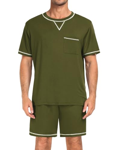 Image of SWOMOG Mens Pajamas Set Summer Sleepwear Short Sleeve Pjs Set Soft 2 Piece Lounge Set Comfy Loungewear with Pockets