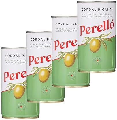 Perelló Gordal Picante Pitted Olives - 350g (150g Drained), Pack of 4, Spanish Green Olives - Spicy Gordal Olives, Perello Olives, Tinned Olives Pitted
