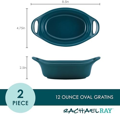 Rachael Ray Solid Glaze Ceramics Au Gratin Bakeware / Baker Set, Oval - 2 Piece, Teal - Thumbnail 3